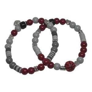 Basketball Inspired Stretch Bracelet Set Heishi Beads Sports Fans Grey Maroon